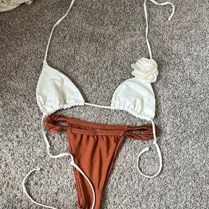 White and Brown Bikini with Floral Accent
